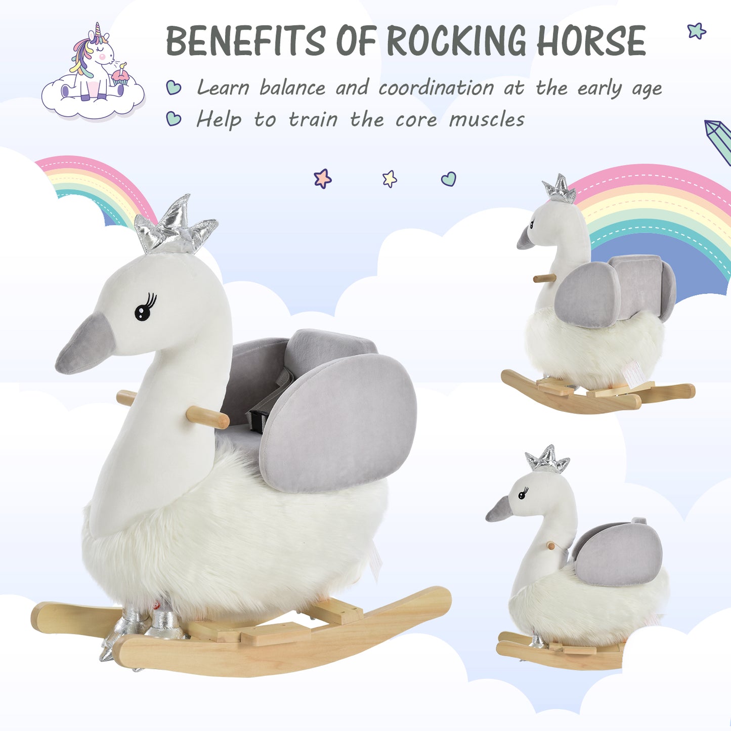 HOMCOM Toddlers Swan Plush Rocking Ride On w/ Sound White/Grey