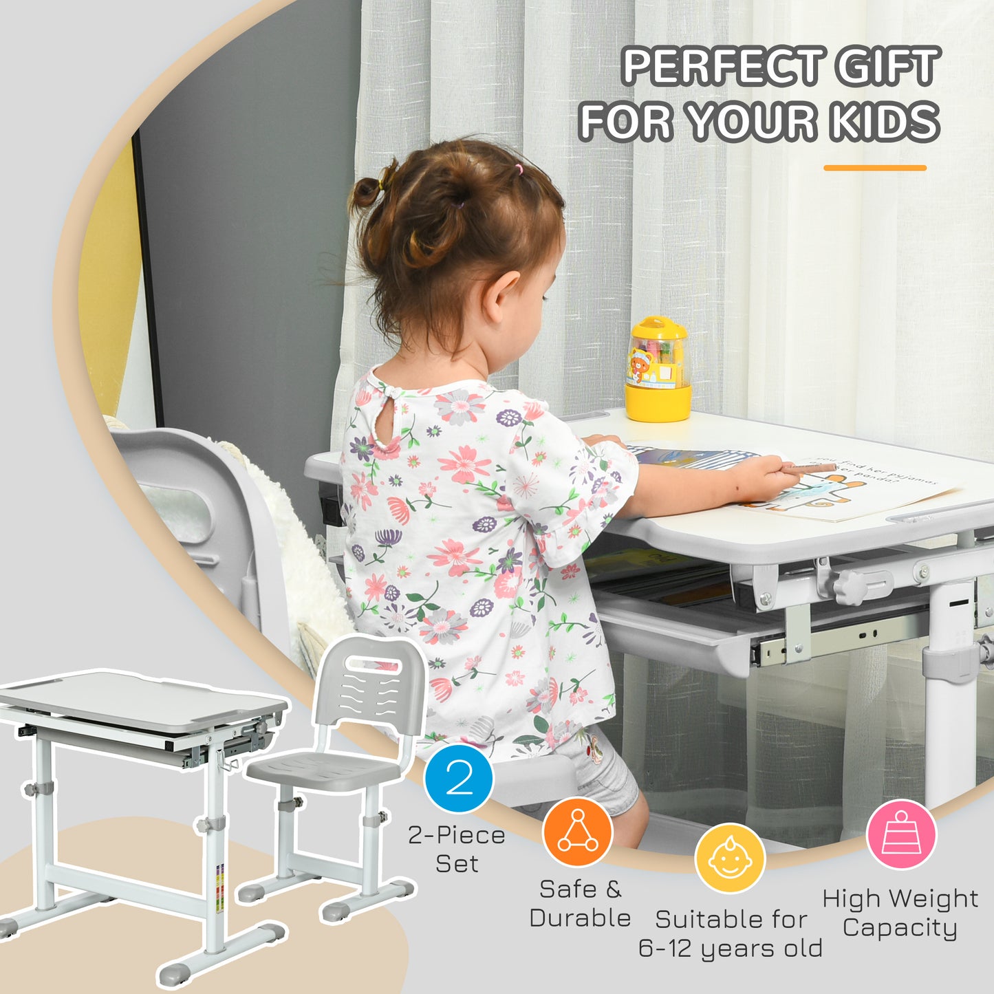 HOMCOM Kids Adjustable Desk and Chair Set, 6-12 Years