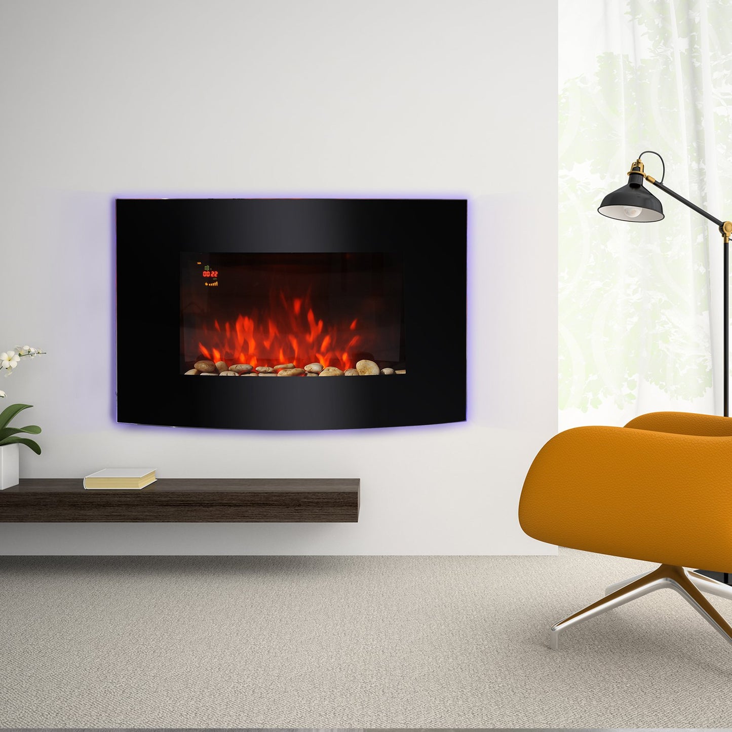 HOMCOM LED Curved Glass Electric Wall Mounted Fire Place, 1000/2000W