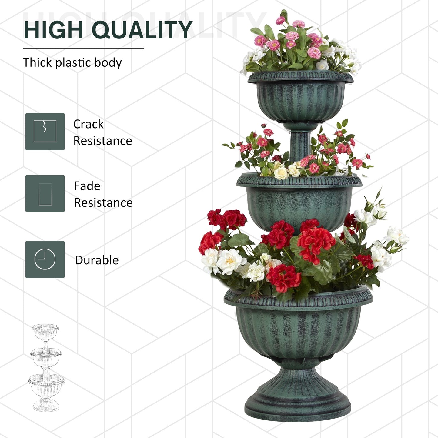 Outsunny 3-tier Chelsea Planter Flowers Display Thick Plastic Pattern Engraved Wide Base