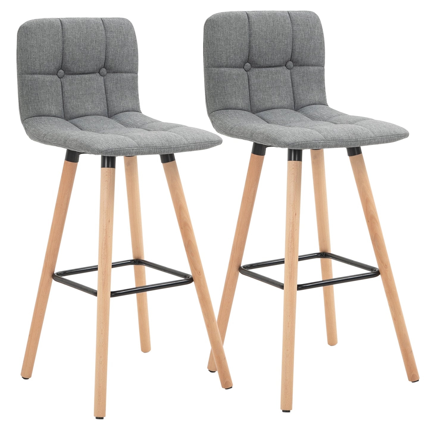 HOMCOM Bar stool Set of 2 Armless Button-Tufted Counter Chairs Wood Legs, Grey