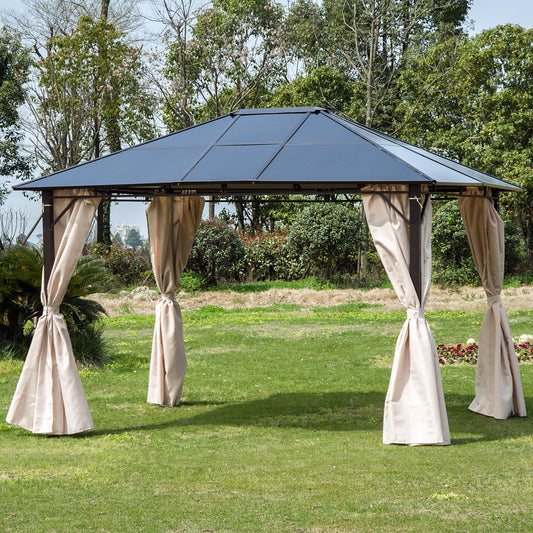 Outsunny 3.6x3m Patio Metal Gazebo W/Side Wall Curtain-Brown/Beige