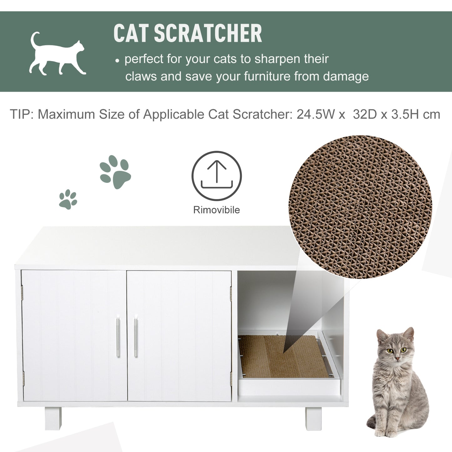 PawHut Indoor Feline Cat Box Furniture Kitty Table w/ Scratch & Magnetic Doors, White