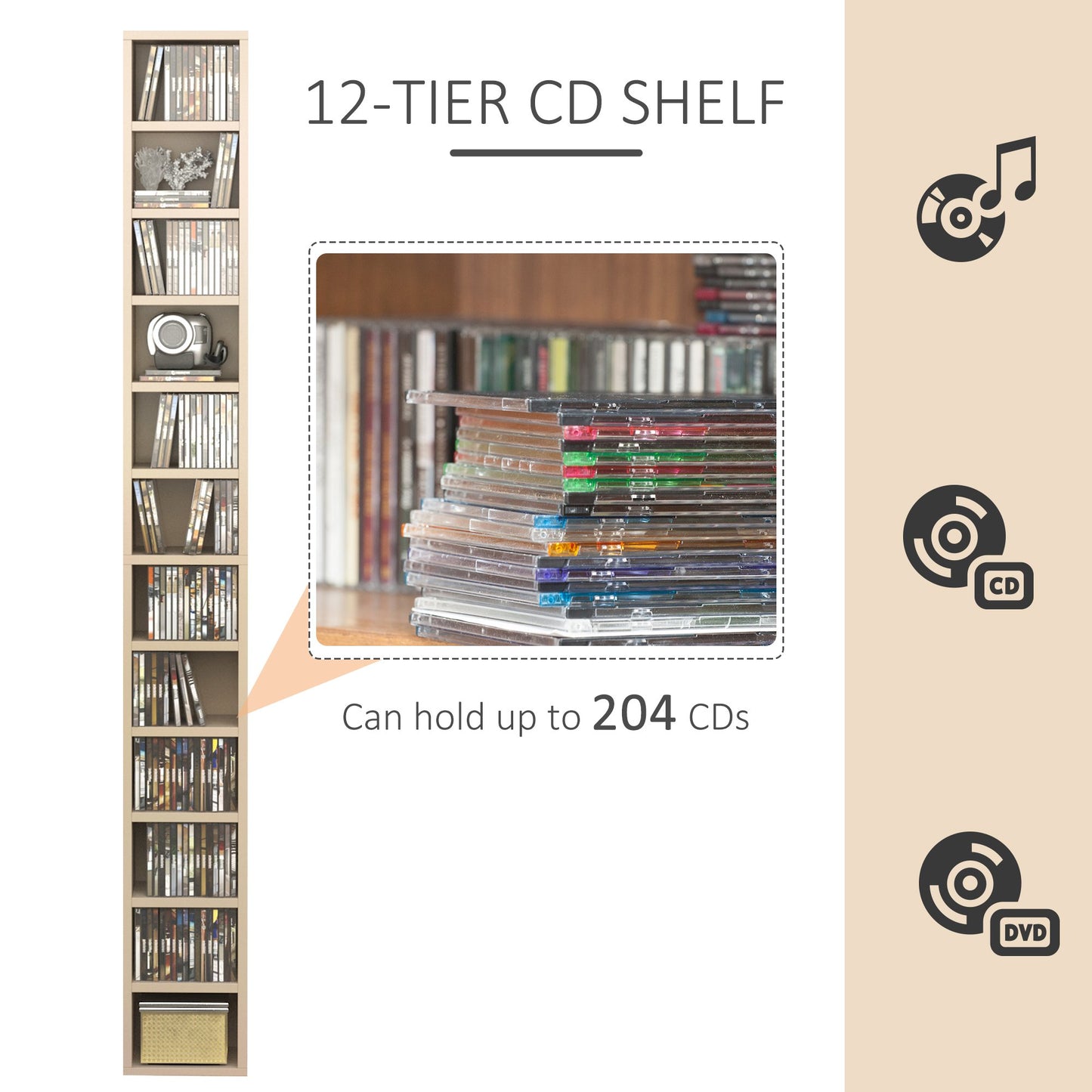 HOMCOM 12-tier Media Storage Cabinet 204 CDs Shelf Tower Multimedia Organizer Rack Stand Bookcase Display Unit