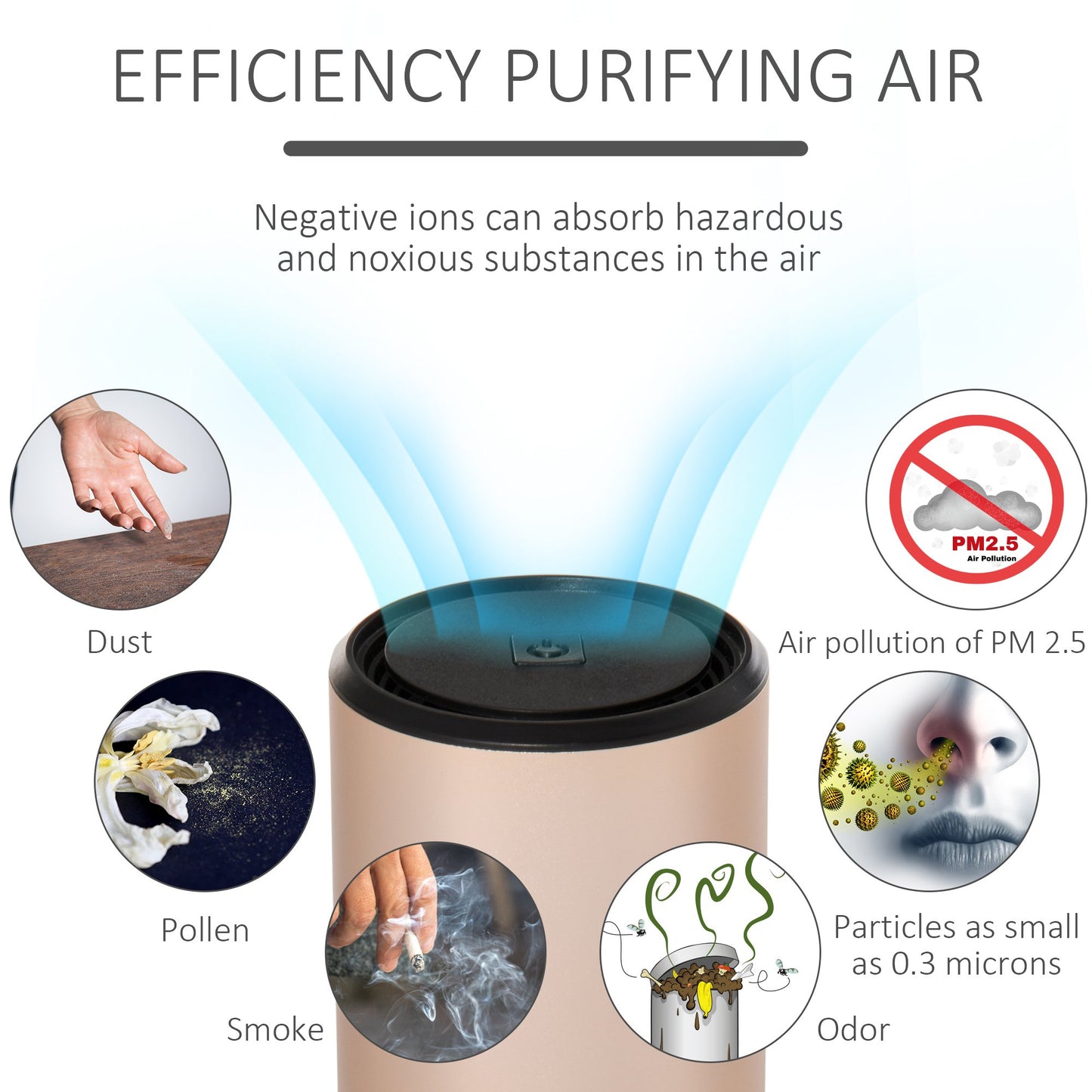 HOMCOM Portable Car Air Purifier, Low Noise Air Cleaner with 2 USB Port for Dust, Pollen, Smoke, Odor, Gold