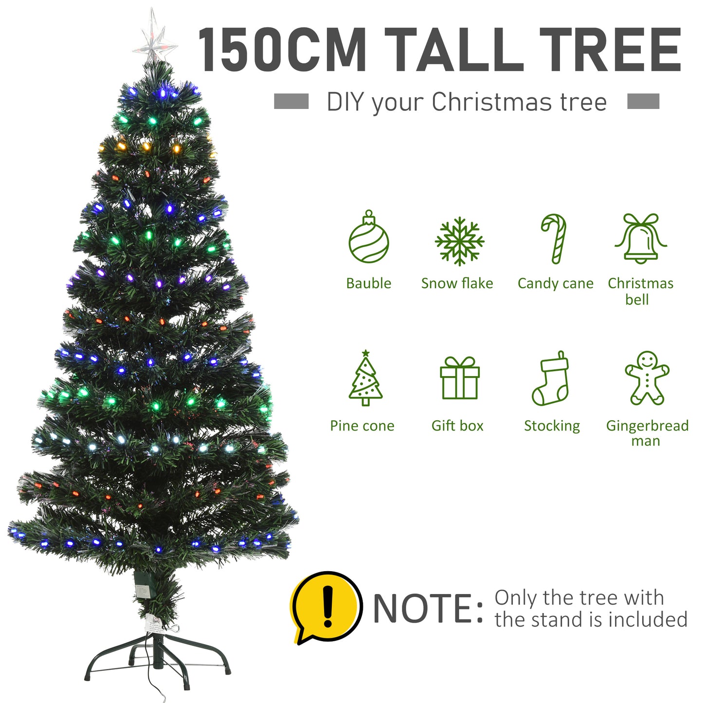 HOMCOM 150CM Pre-Lit Fibre Optic Christmas Tree Metal Base 170 Branch Tip LED Lights
