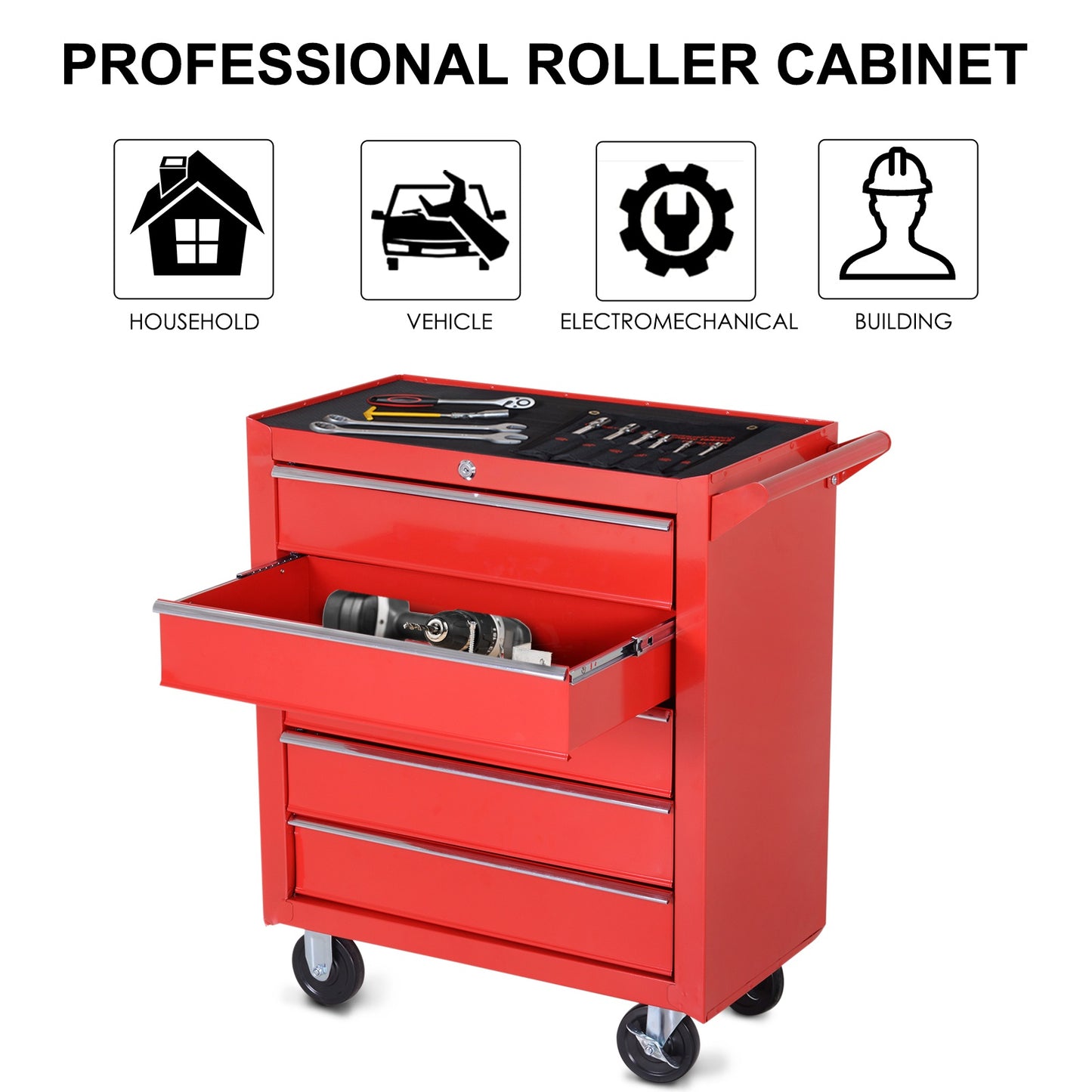 HOMCOM Roller Tool Cabinet, 5 Drawers-Red