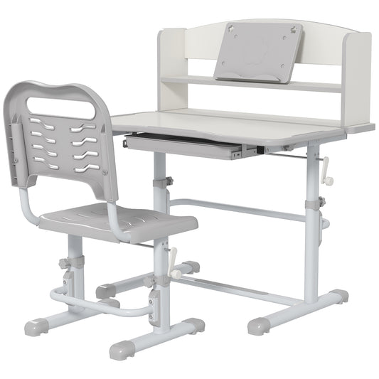 ZONEKIZ Height Adjustable Kids Study Table and Chair Set with Drawer Storage Shelf 80 x 54.5 x 104 cm Grey