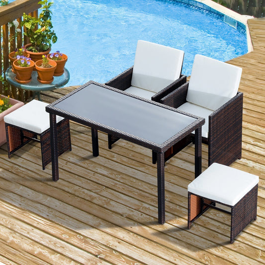 Outsunny 5 PCs Rattan Garden Furniture Space-saving Wicker Weave Sofa Set Conservatory Dining Table Table Chair Footrest Cushioned Brown