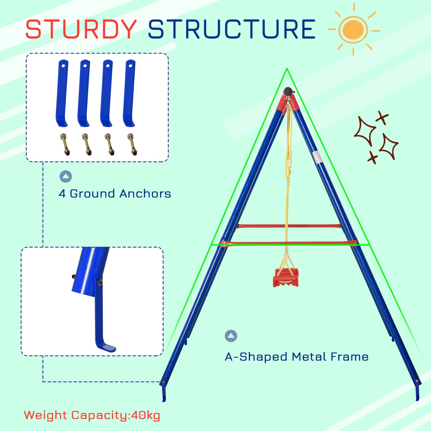 Outsunny Metal Swing Set w/ Adjustable Rope Heavy Duty A-Frame Stand Outdoor Playset