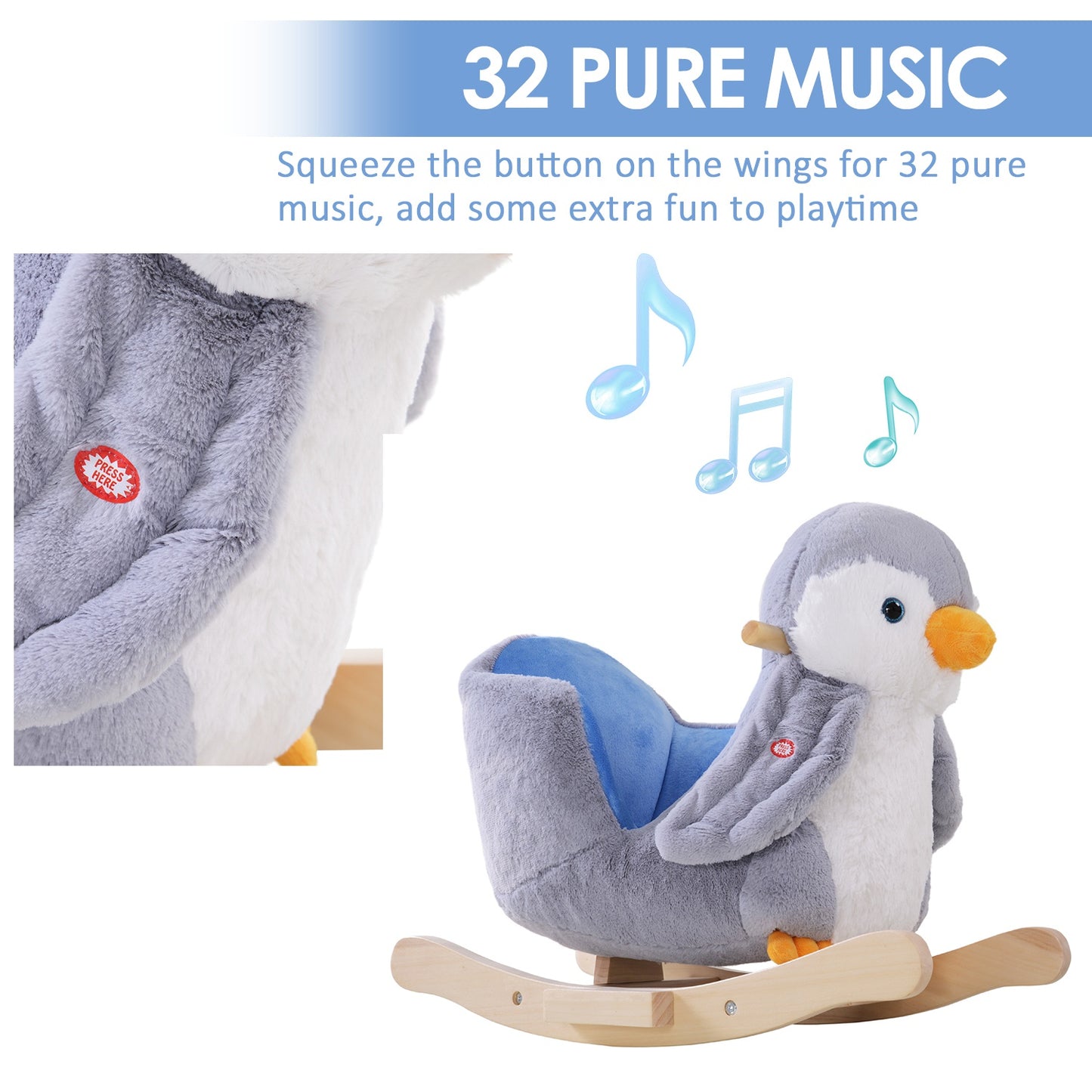 HOMCOM Rocking Animal Horse Penguin Colourful Plush Musical Button 32 Songs Wide Seat Handlebar Multicoloured