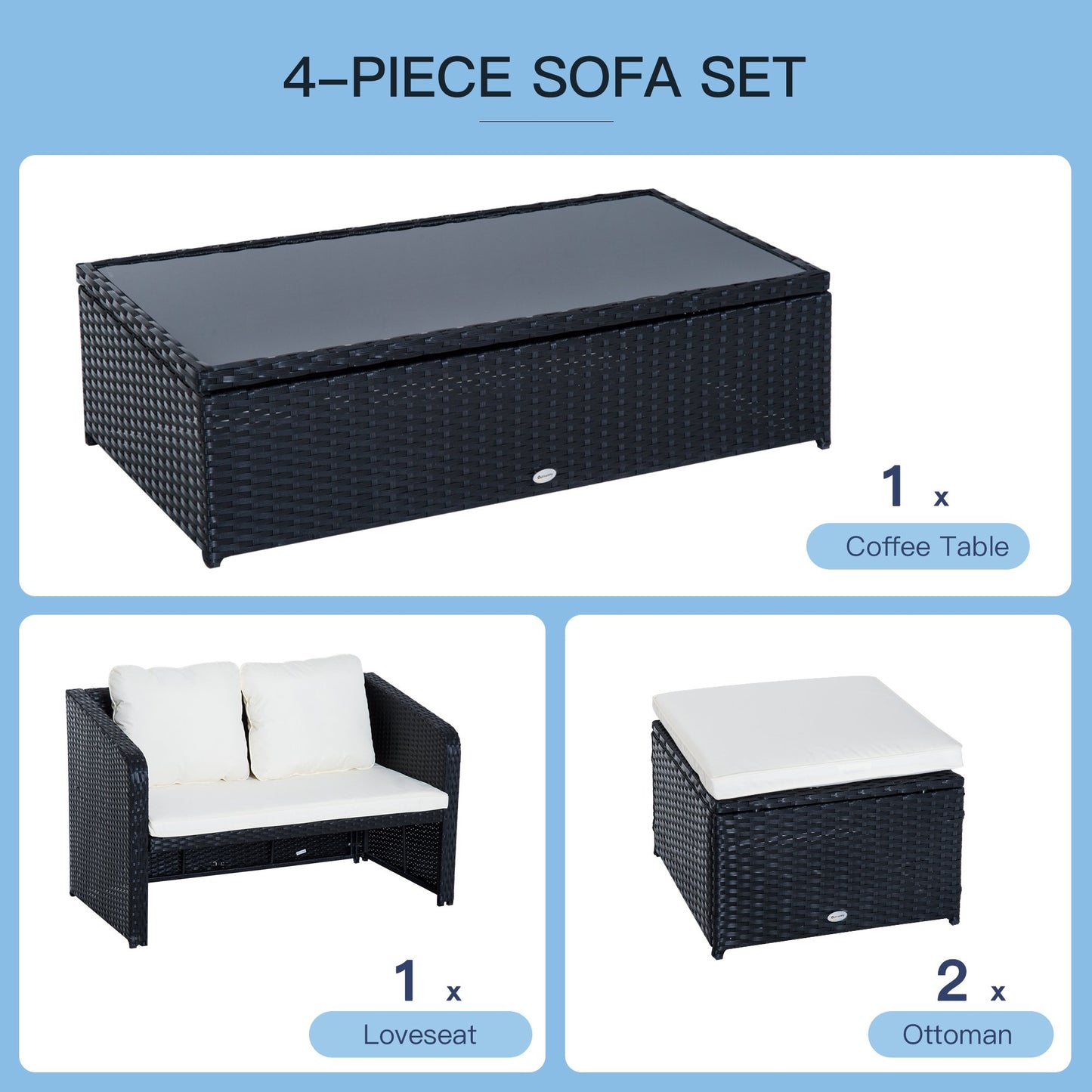 Outsunny 4 Piece Rattan Sofa Set Furniture, Galvanized Steel-Black