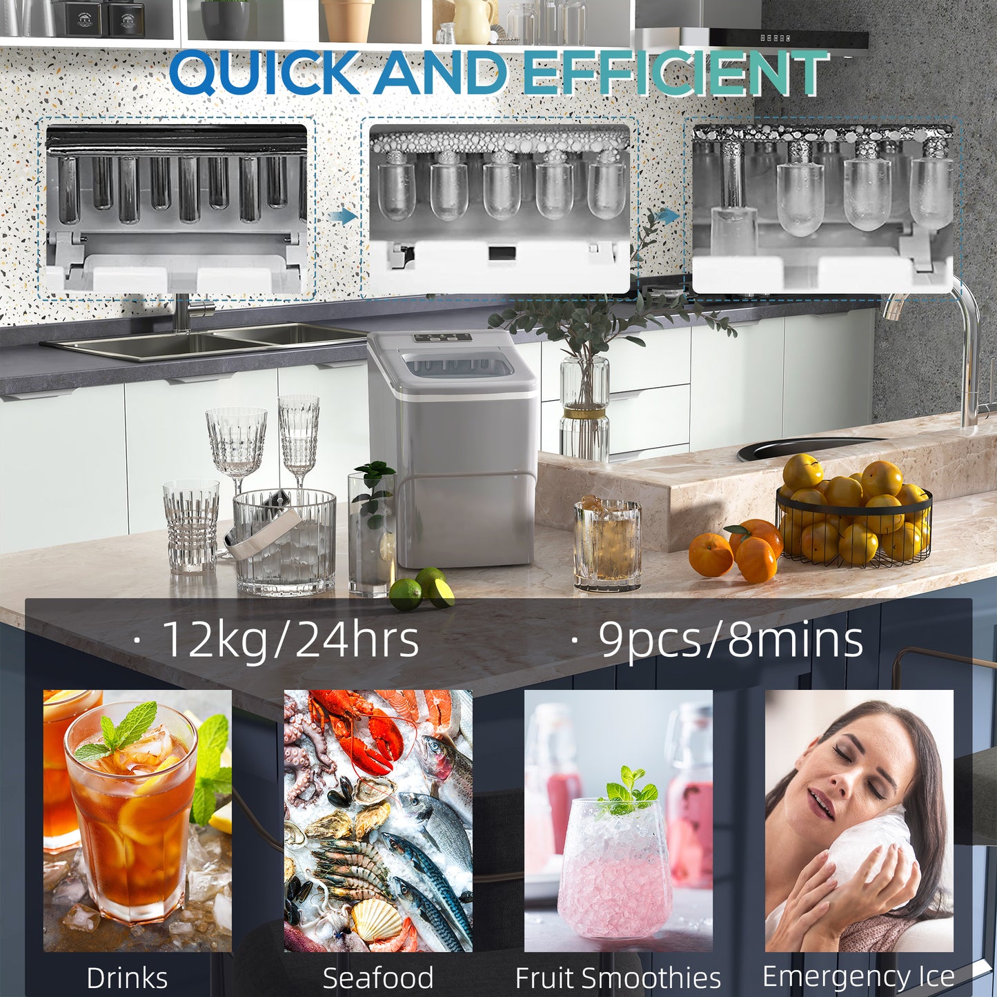 HOMCOM Ice Maker Machine, Self-Cleaning Ice Cube Maker with LCD Screen, 9 Cubes Ready in 8 Mins, 12kg in 24Hrs - Silver