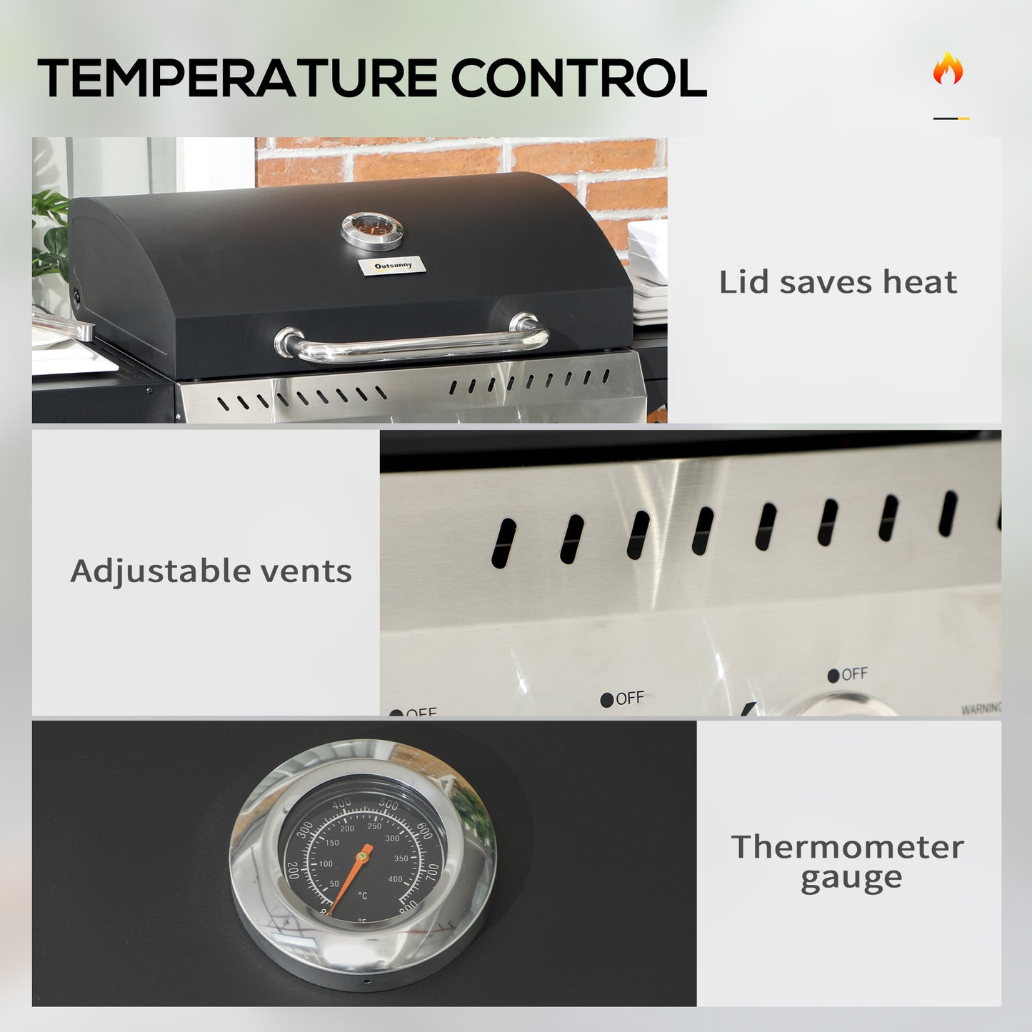 Outsunny Galvanised Steel 3+1 Gas Burner BBQ Grill Trolley, Black