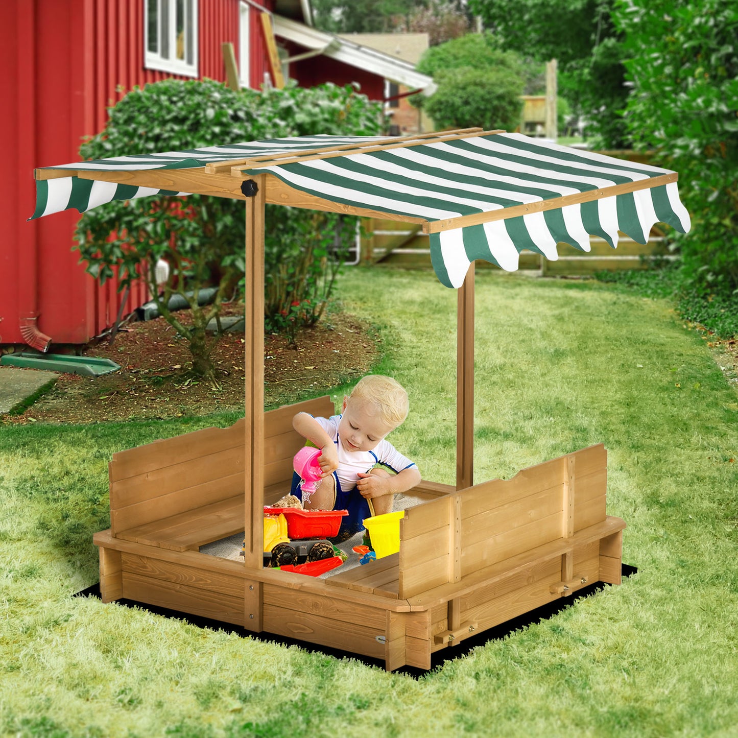 Outsunny Wooden Sandpit with Adjustable Canopy Light Brown