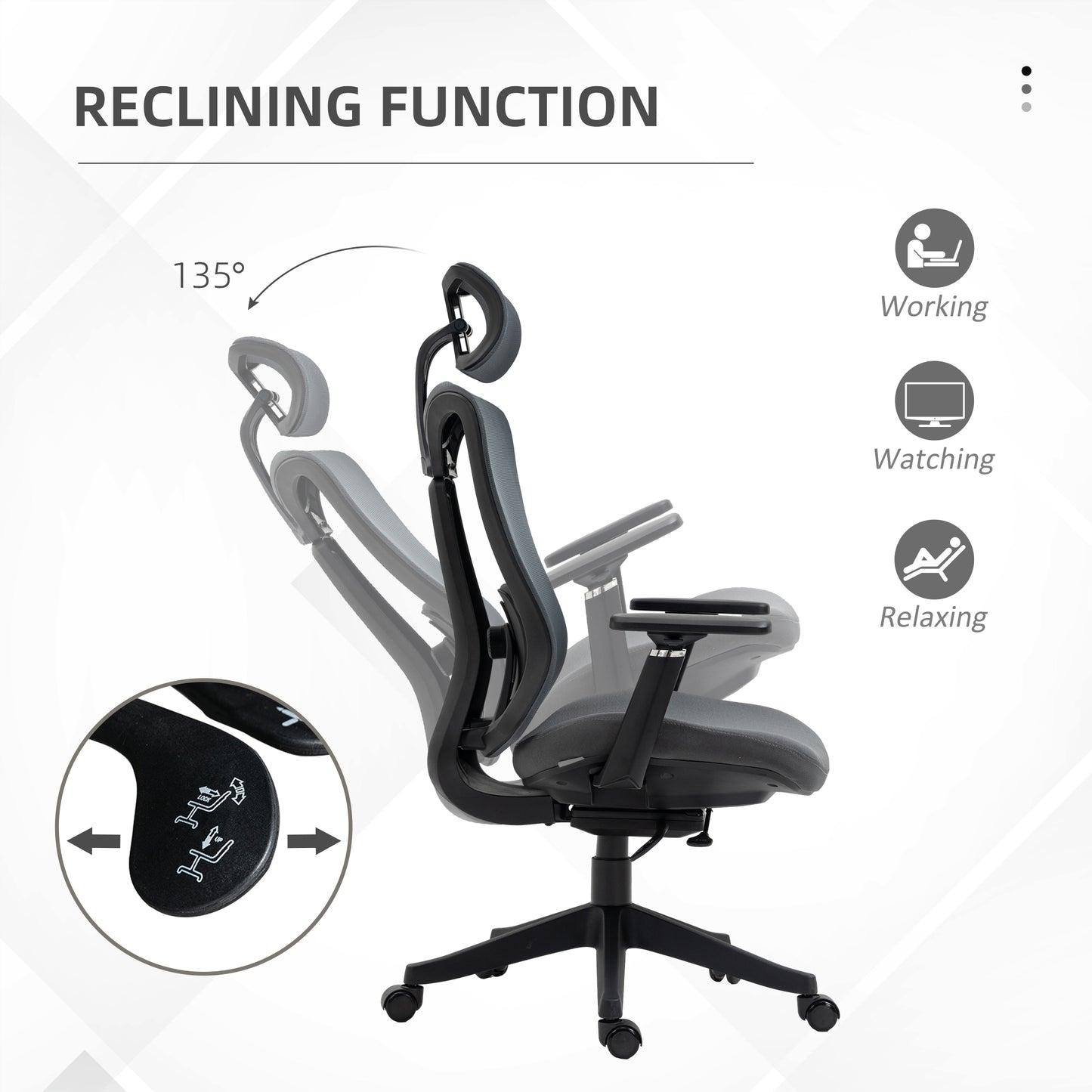 Vinsetto Mesh Office Chair Ergonomic Desk Chair Computer Chair with Adjustable Headrest and Lumbar Support 135° Reclining Back and 3D Armrest for Home Office Study Grey