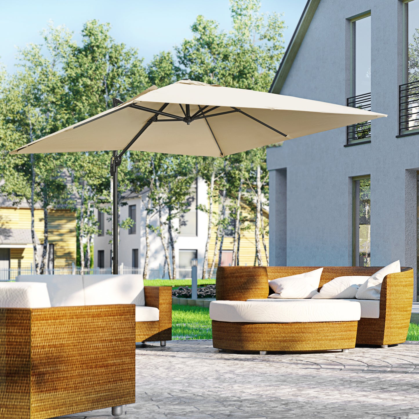 Outsunny 2.7m Square Overhanging Cantilever Umbrella, with Cross Base - Cream White