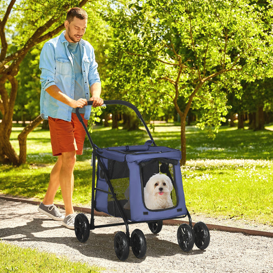 PawHut One-Click Foldable Pet Stroller, Dog Cat Travel Pushchair w/ EVA Wheels, Storage Bags, Mesh Windows, Doors, Safety Leash, Cushion, for Small Pets - Dark Blue