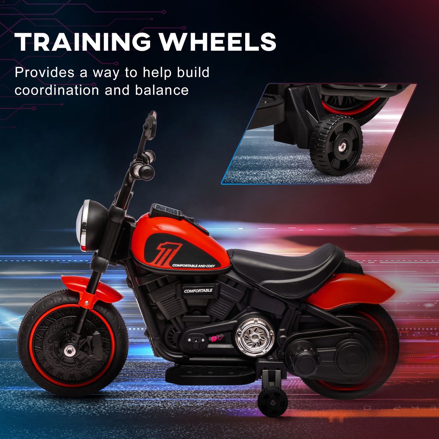 HOMCOM 6v Electric Motorbike with Training Wheels, One-Button Start - Red