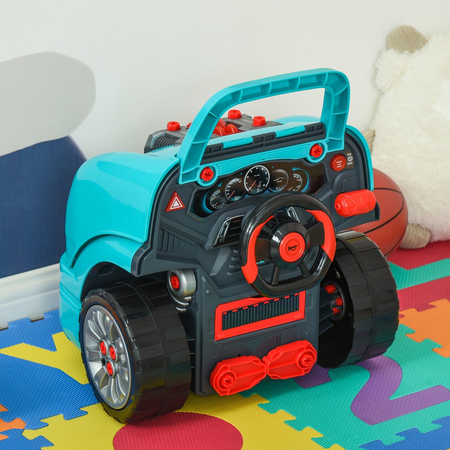 HOMCOM Kids Truck Engine Toy Set, Educational Car Service Station Playset, Take Apart Workshop, w/ Steering Wheel, Horn, Light, RC Car Key, for 3-5 Years Old Teal Green Set Key