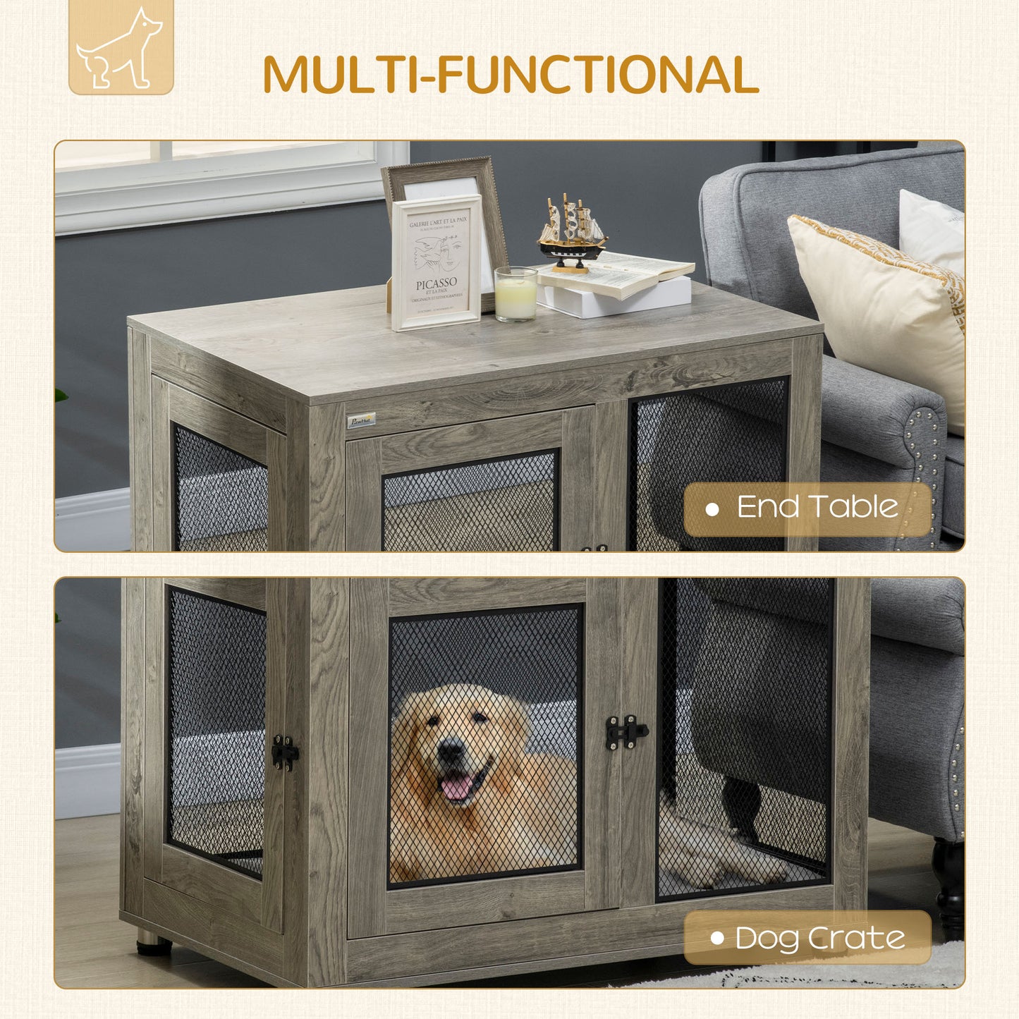 PawHut Two-In-One Dog Cage & Side Table, with Two Doors, Cushion, for Large Dogs