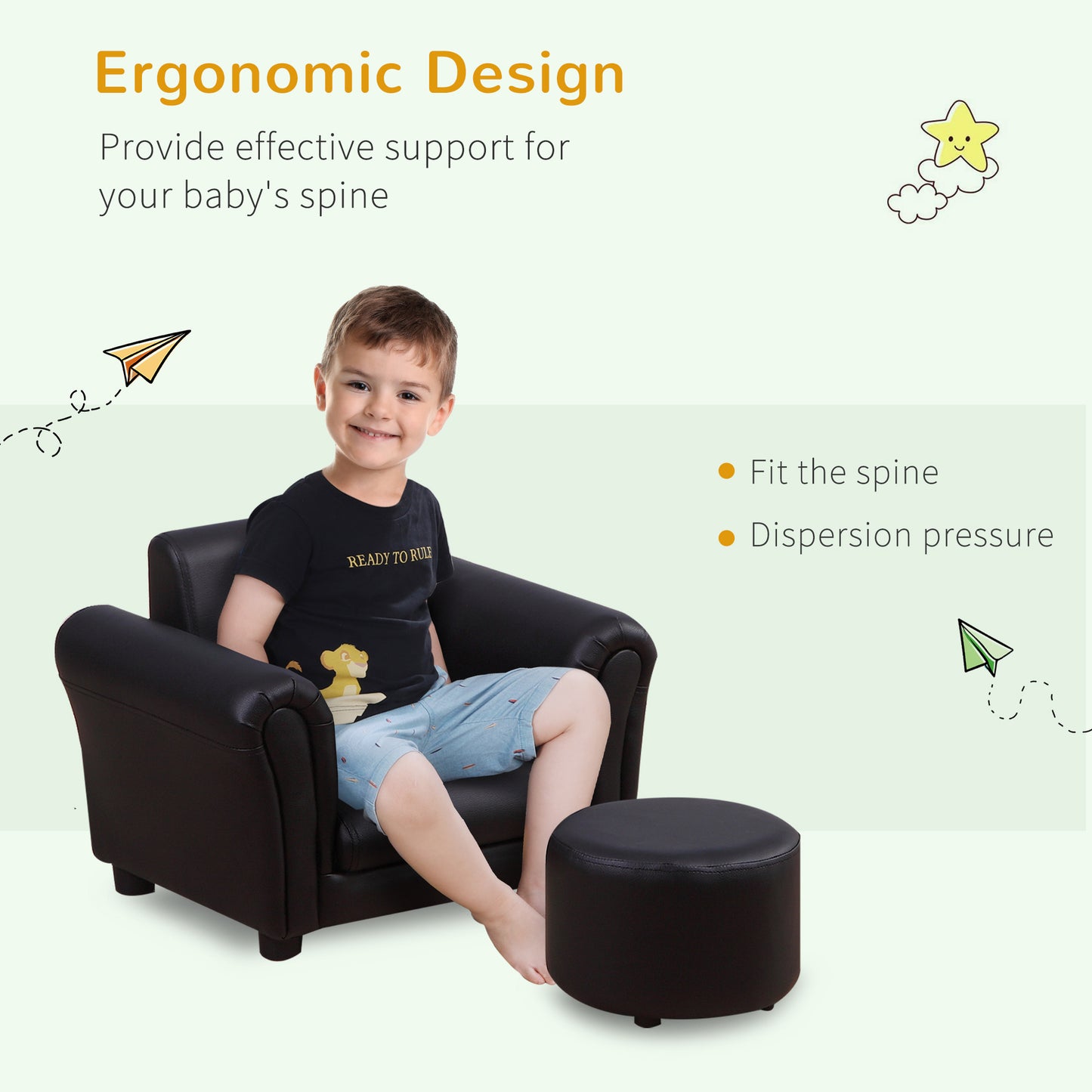 HOMCOM Toddler Chair Single Seater Kids Sofa Set 54 x 42 x 41cm Kids Sofa with Stool Black