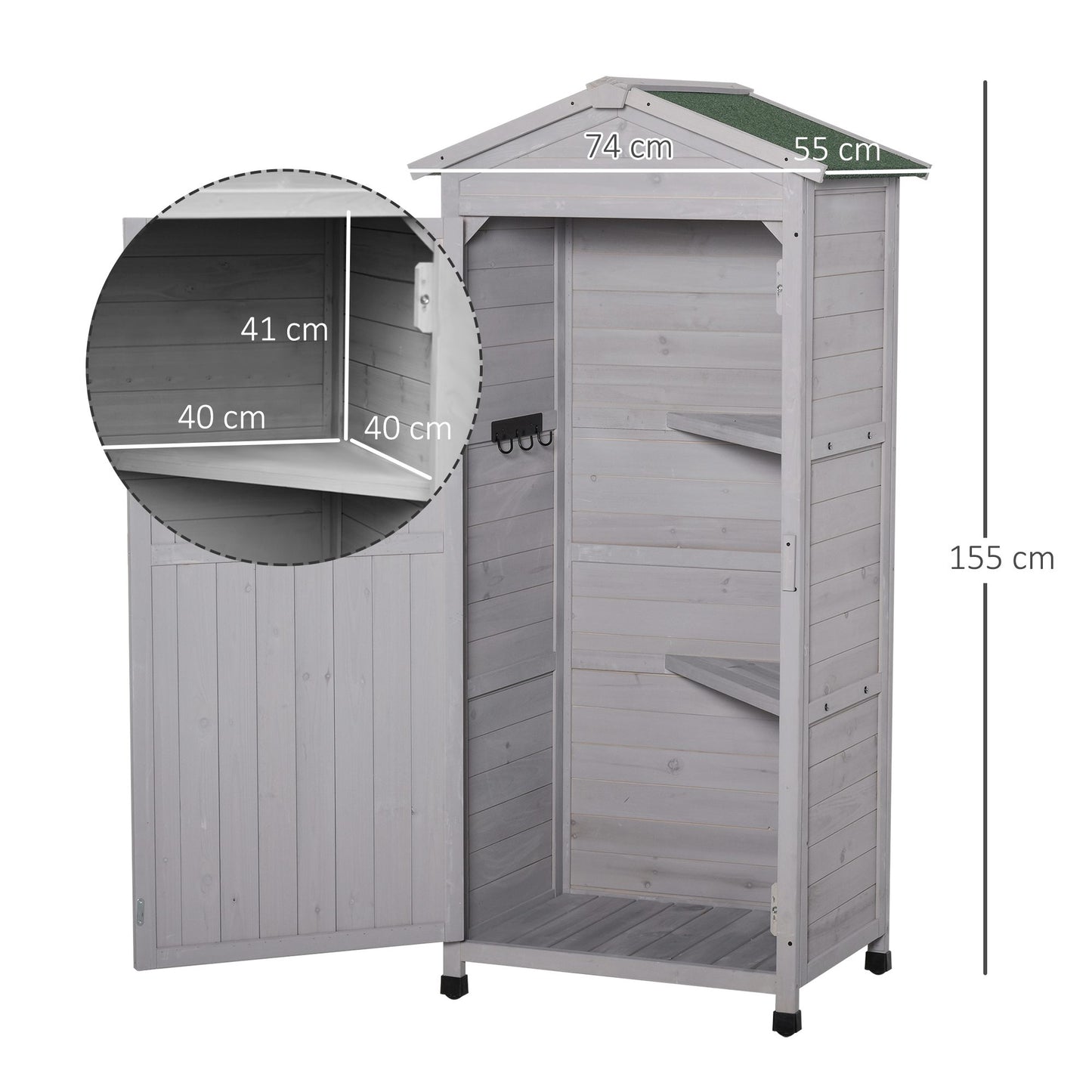 Outsunny Wooden Garden Cabinet 3-Tier Storage Shed 2 Shelves Lockable Organizer with Hooks Foot Pad 74 x 55 x 155cm Light Grey Hook