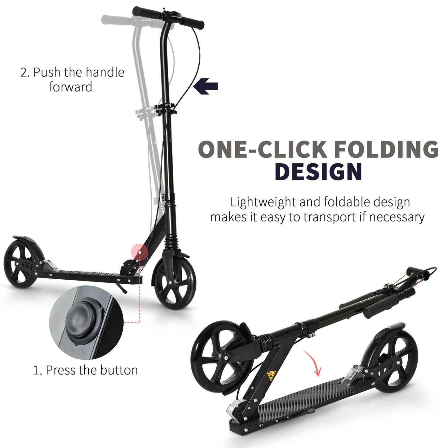HOMCOM One-click Folding Kick Scooter for 14+ w/ Adjustable Handlebar, Push Scooter with Kickstand, Dual Brake System, Shock Absorber, Black