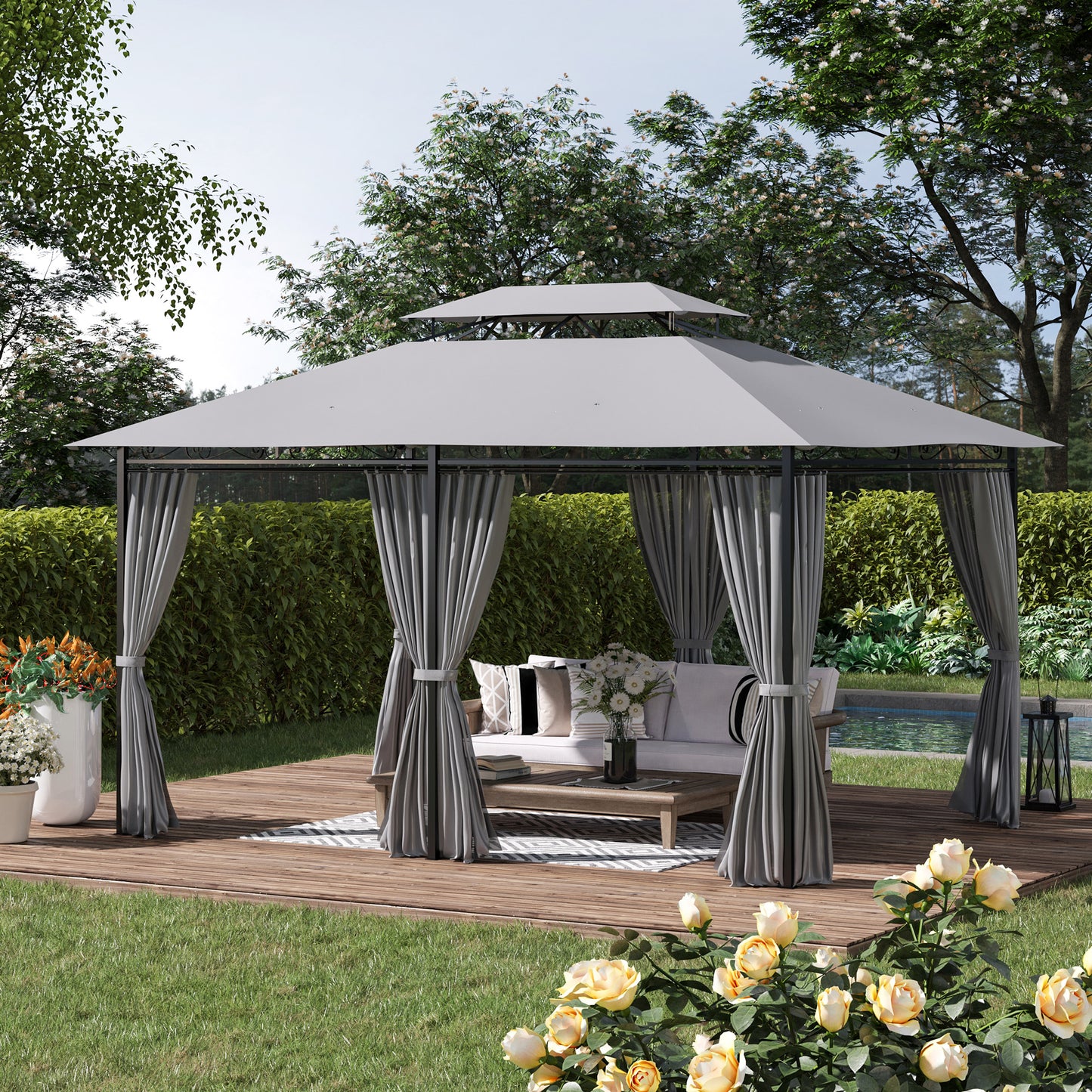 Outsunny 4m x 3(m) Metal Gazebo Canopy Party Tent Garden Pavillion Patio Shelter Pavilion with Curtains Sidewalls, Dark Grey
