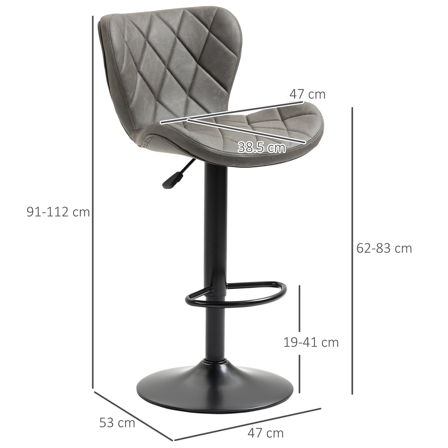 HOMCOM Adjustable Height Bar Stools Set of 2, Swivel Barstools with Backrest and Footrest, Steel Frame Diamond Pattern PU, for Kitchen Counter Dining Room, Dark Grey