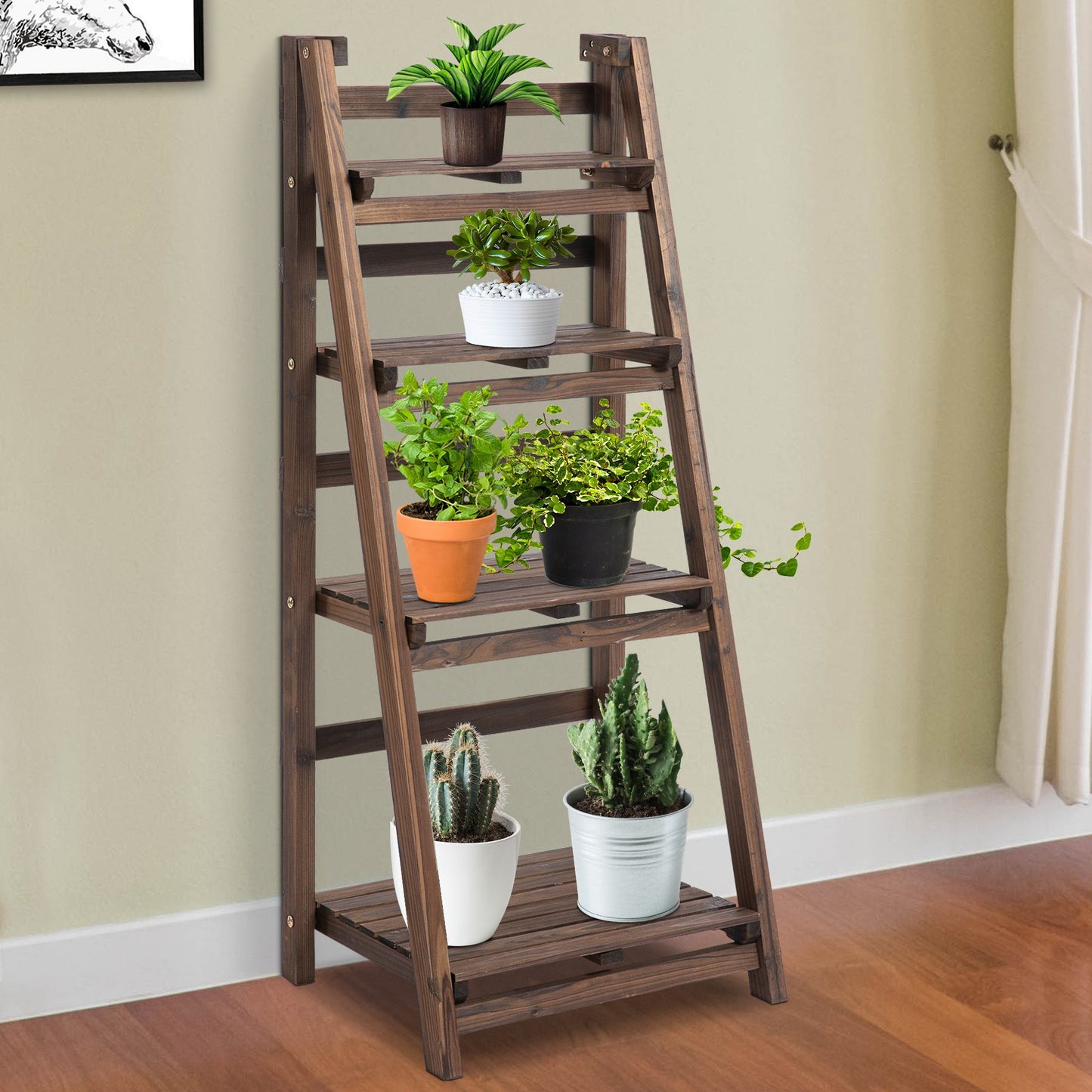 Outsunny 4-Tier Wooden Plant Shelf Foldable Flower Pots Holder Stand Indoor Outdoor