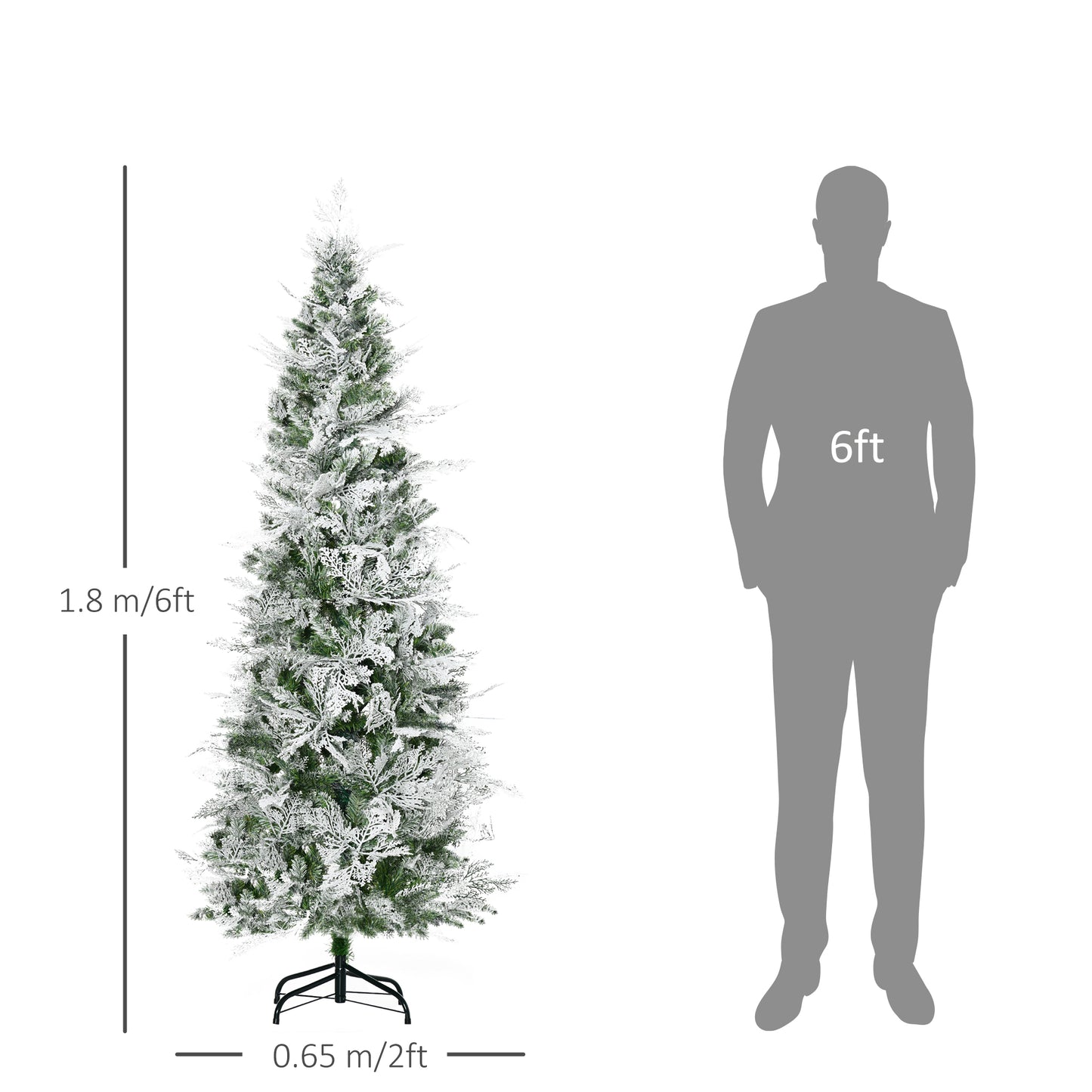 HOMCOM Pencil Snow Flocked Artificial Christmas Tree with Realistic Cypress Branches, Auto Open, Green