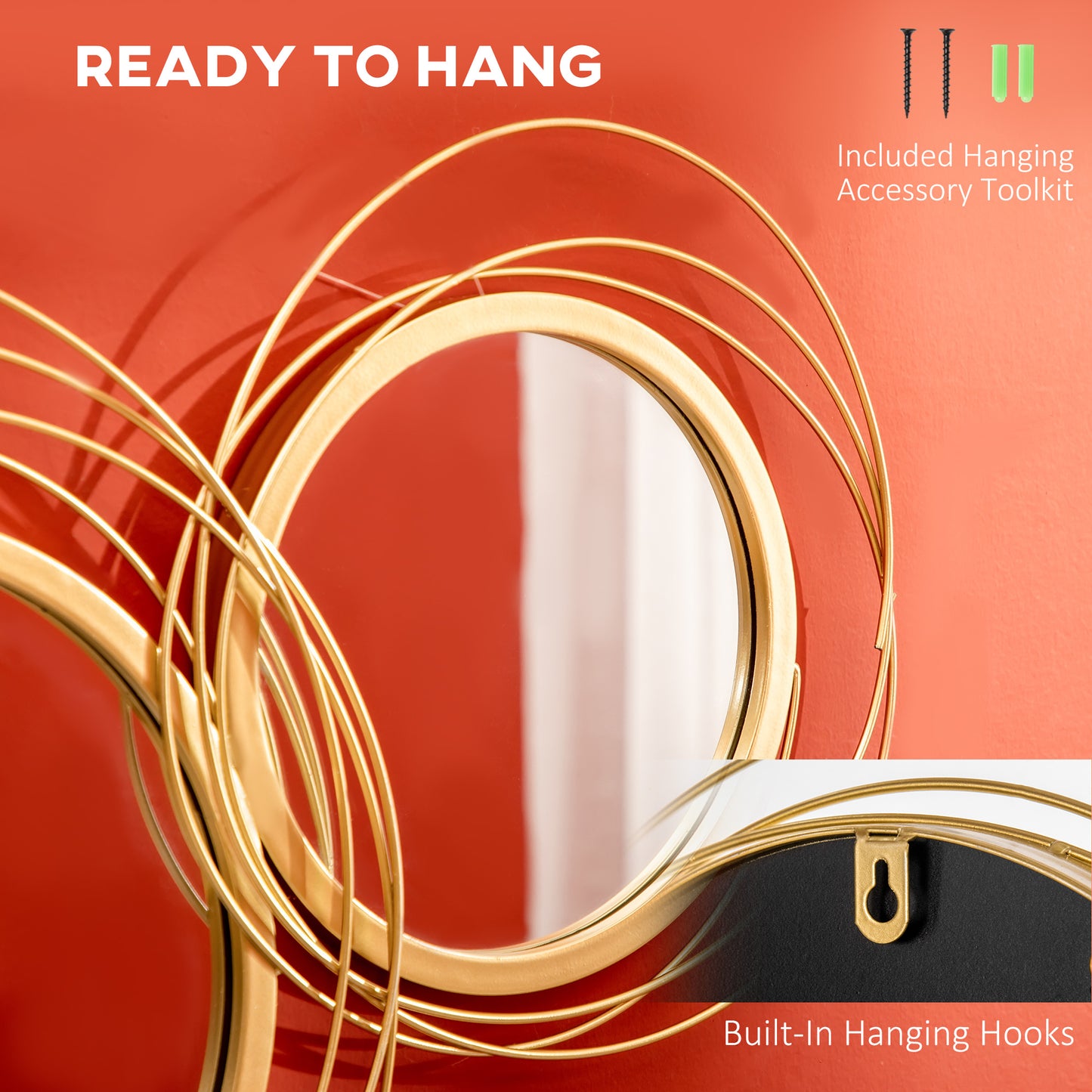 HOMCOM Metal Wall Art Modern Decorative Mirror Decor Hanging Home Wall Sculptures, Gold