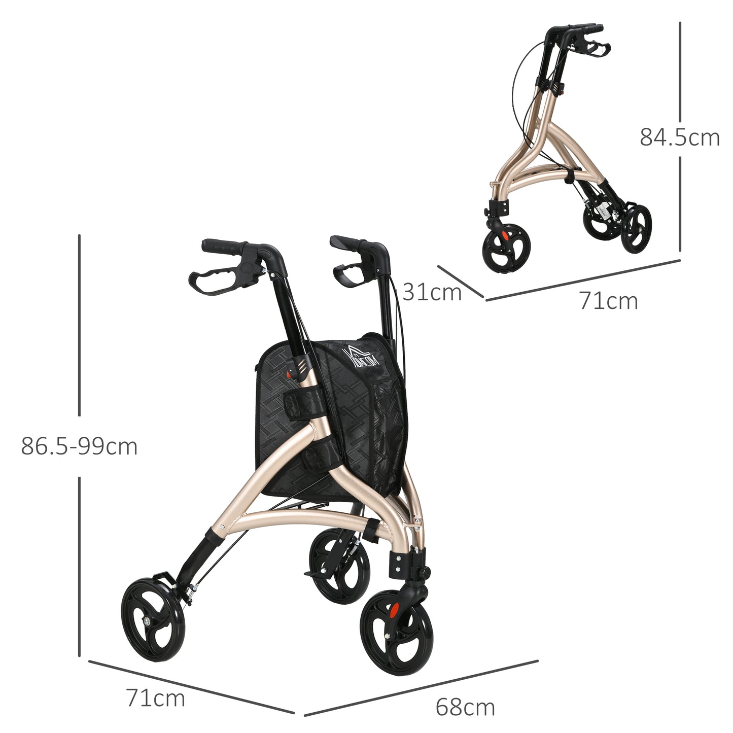 HOMCOM 3 Wheel Rollator, Lightweight Aluminium Tri Walker with Adjustable Handle, Storage Bag and Dual Brakes, Folding Mobility Walking Aid for Elderly, Handicapped, 5.3kg, Gold Tone