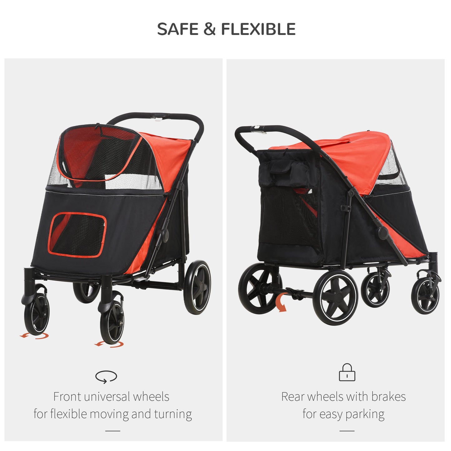 PawHut Pet Stroller with Universal Front Wheels, Shock Absorber, One Click Foldable Dog Cat Carriage with Brakes, Storage Bags, Mesh Window, Safety Leash for Large & Medium-sized Dogs, Red
