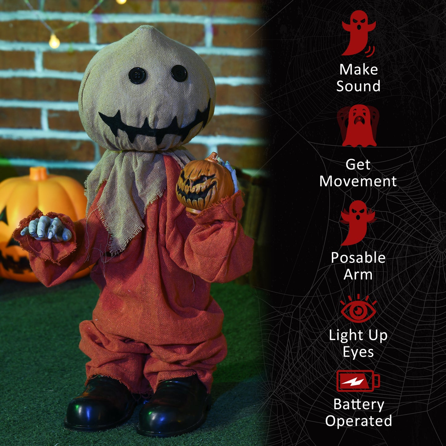 HOMCOM 80cm Halloween Scarecrow Decoration, Outdoor Activated Prop with Light Up Eyes, Sound Activated