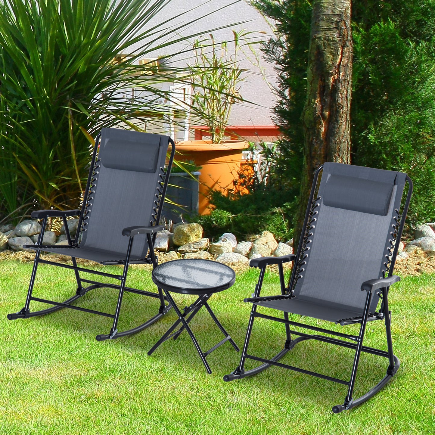 Outsunny 3 Piece Outdoor Rocking Bistro Set, Patio Furniture Set with 2 Folding Chairs and 1 Tempered Glass Table, Grey