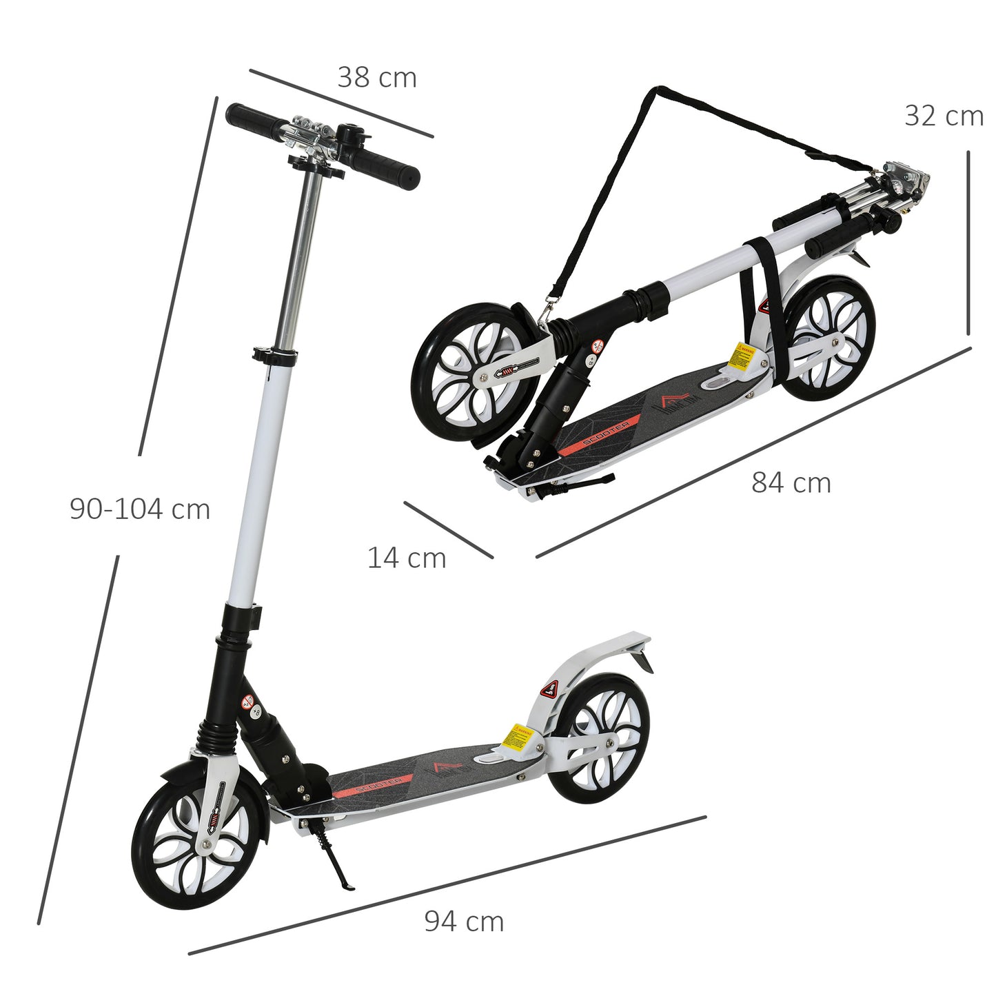 HOMCOM Folding Kick Scooter, Hight-Adjustable Urban Scooter w/ Rear Brake, Double Shock Absorption System, Warning Bell For 14+ Teens Adult, White