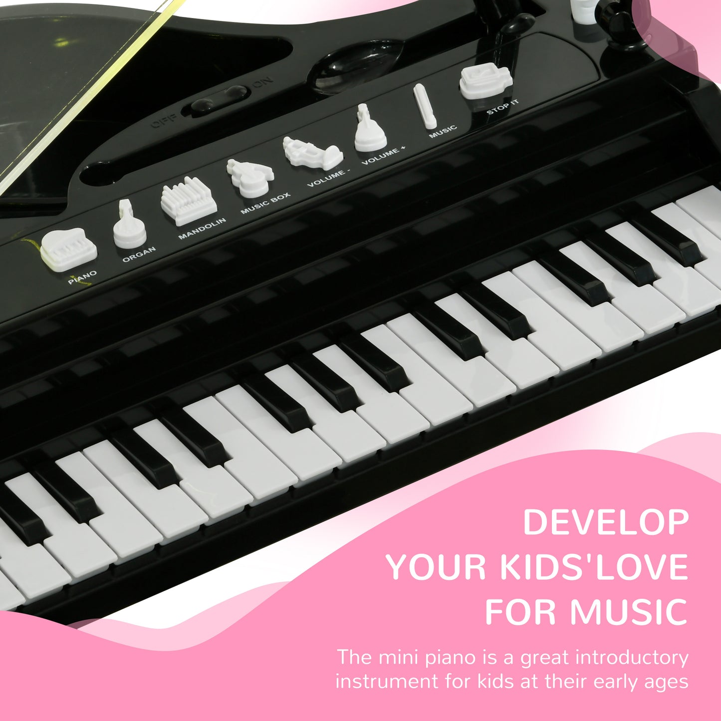 AIYAPLAY 32Key Kids Piano Keyboard with Stool Lights Microphone Sounds Removable Legs Black