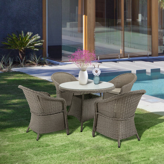 Outsunny 5 Pieces Outdoor Patio PE Rattan Dining Set, Four Seater Garden Furniture - 4 Chairs & Round Table w/ Umbrella Hole, Mixed Grey