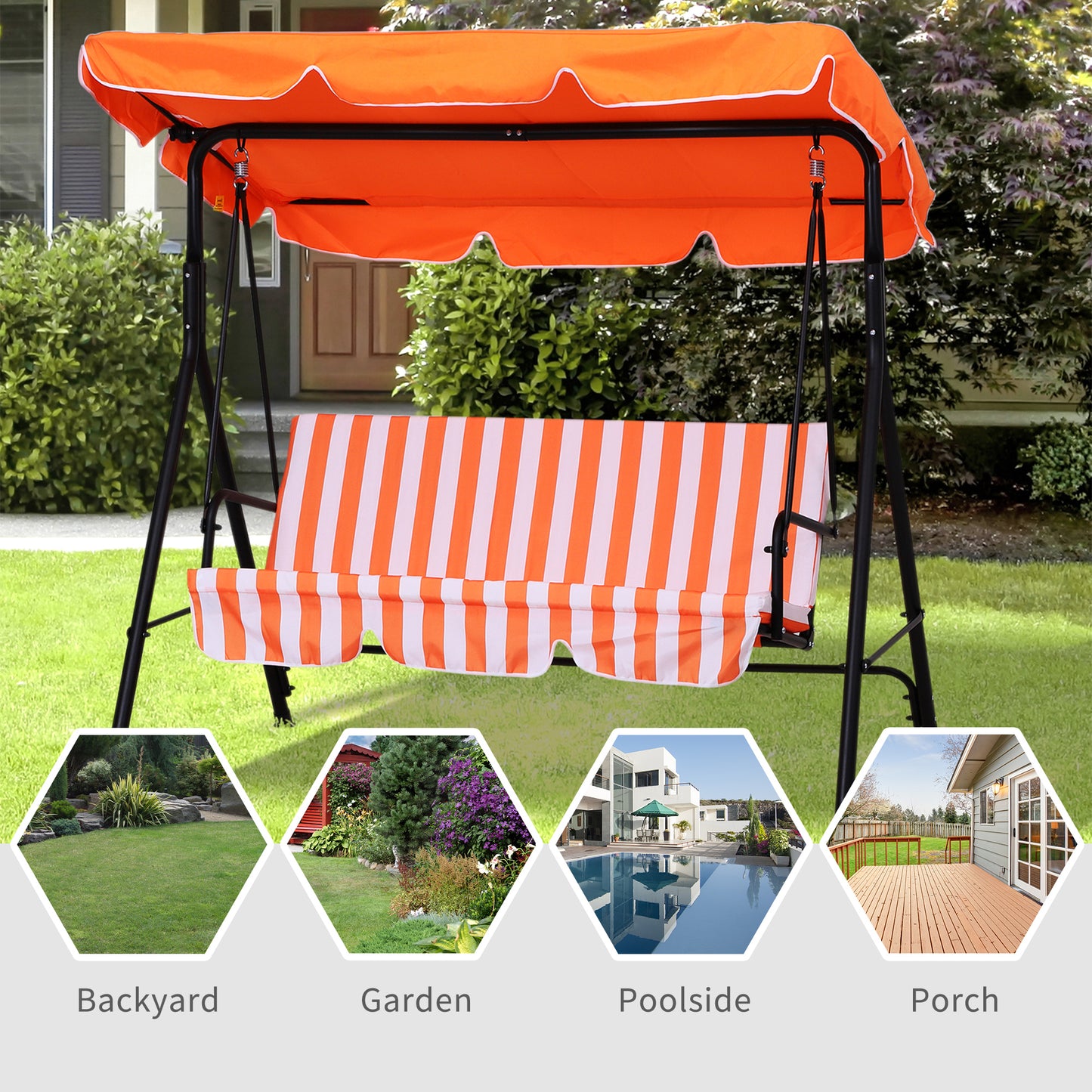 Outsunny 3 Seater Canopy Swing Chair Garden Rocking Bench Heavy Duty Patio Metal Seat w/ Top Roof - Orange