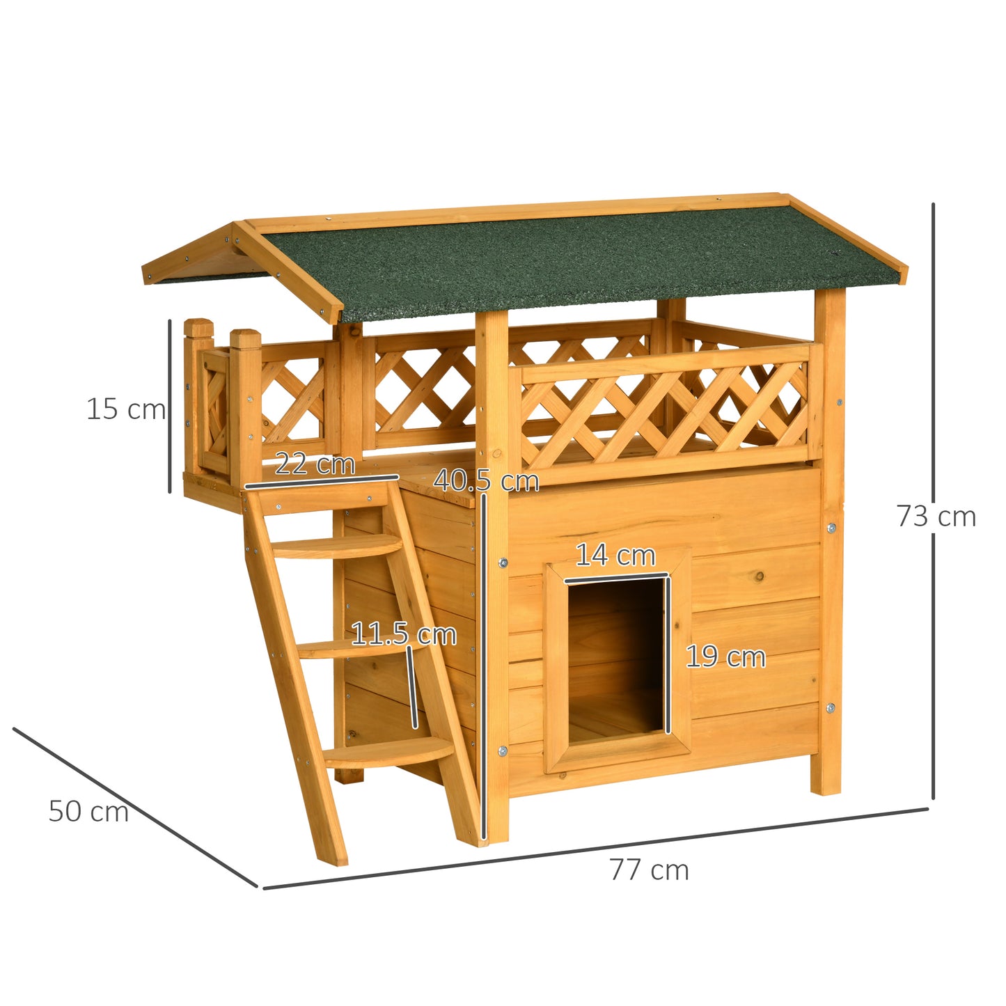 PawHut Cat House Outdoor Kitten Shelter Puppy Kennel with Balcony Stairs Asphalt Roof, 77 x 50 x 73 cm, Natural