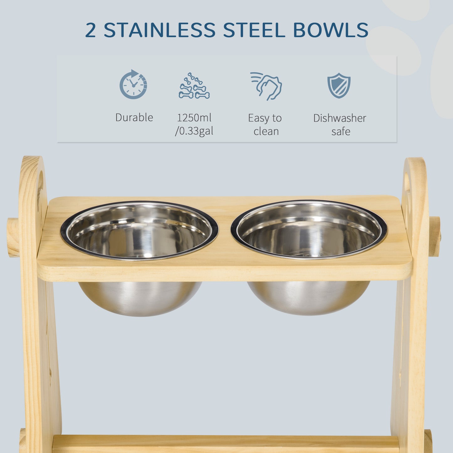 PawHut Raised Dog Bowls with Stand Adjustable Raised Pet Feeder with 2 Removable Stainless Steel Bowls for S, M, L, XL  Dogs, Natural