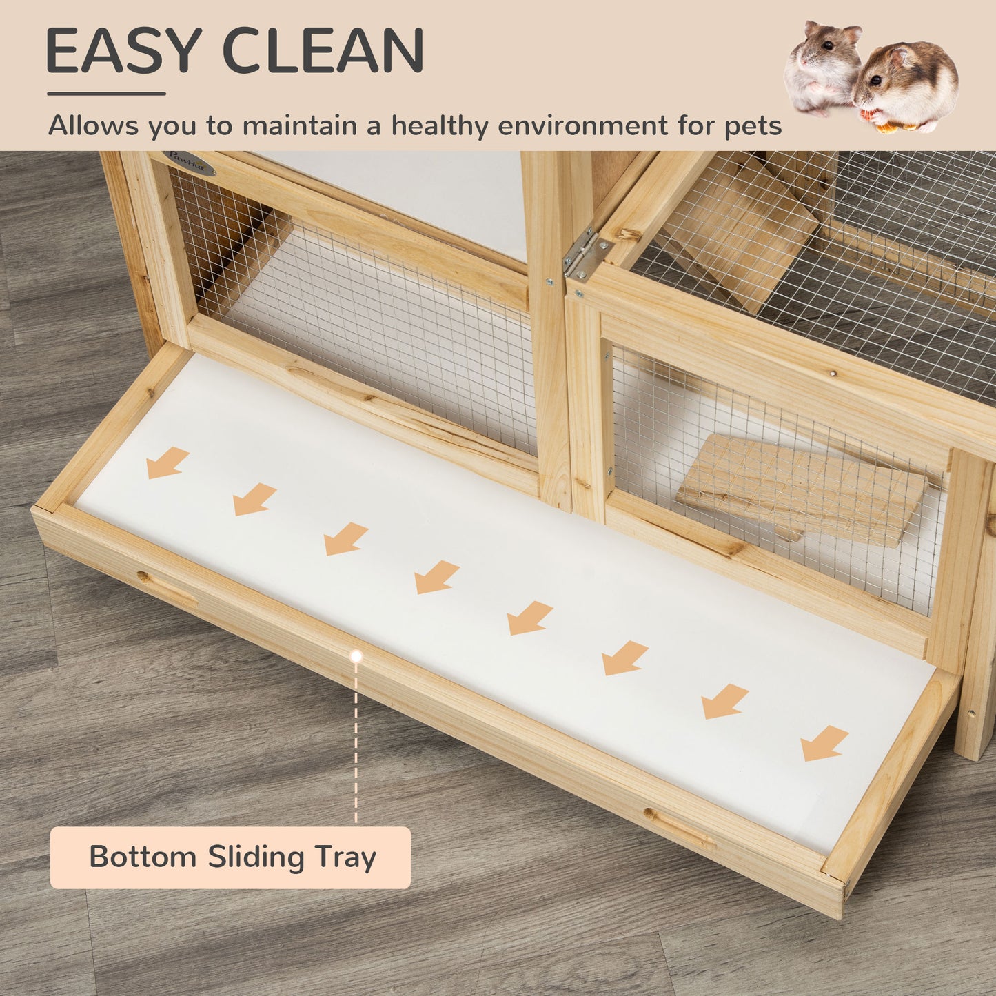 PawHut Wooden Hamster Cage, Mice Rodent Small Animals Kit Hutch, 2 Tiers Exercise Play House, with Sliding Tray, Ladder, Seesaw, Running Wheel, Openable Roofs, 78 x 41.5 x 60 cm, Natural