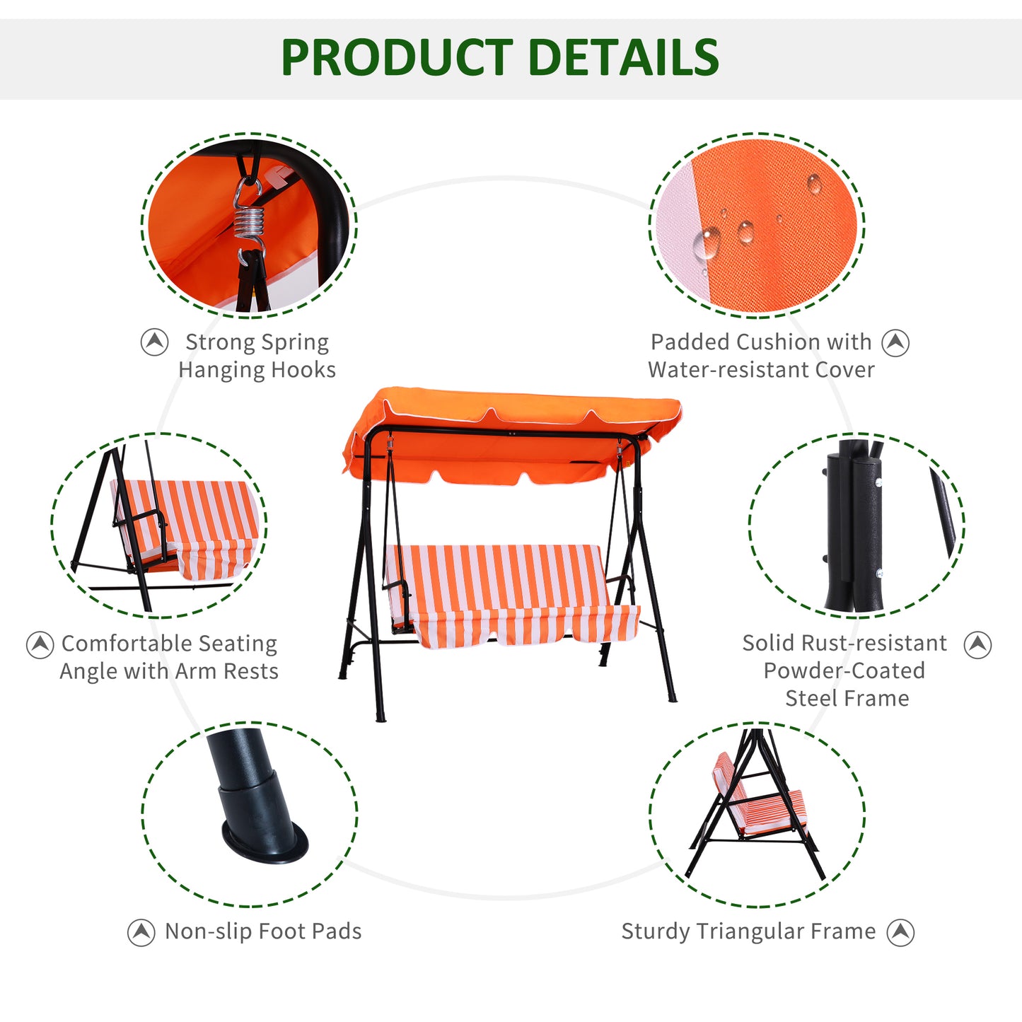 Outsunny 3 Seater Canopy Swing Chair Garden Rocking Bench Heavy Duty Patio Metal Seat w/ Top Roof - Orange