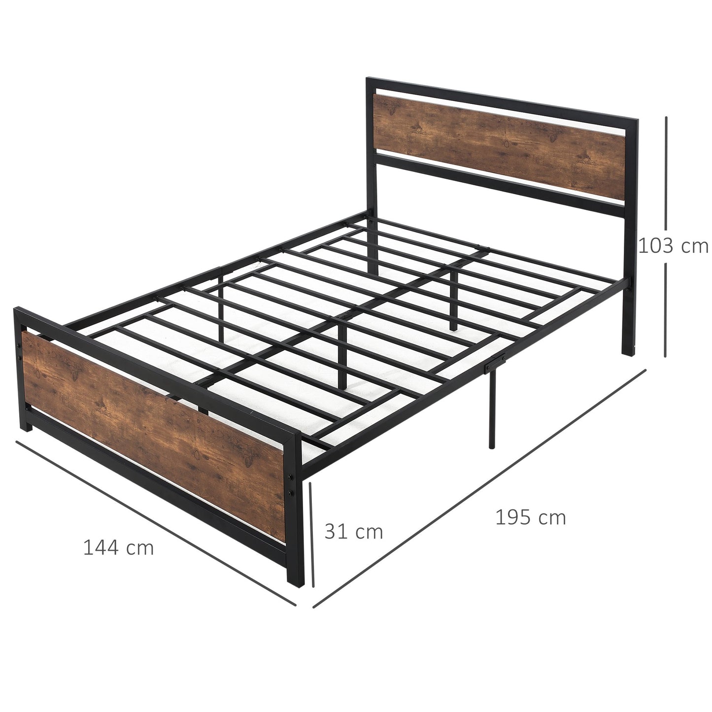 HOMCOM Full Bed Frame with Headboard & Footboard, Strong Slat Support Twin Size Metal Bed w/ Underbed Storage Space, No Box Spring Needed, 144x195x103cm Headboard, Needed