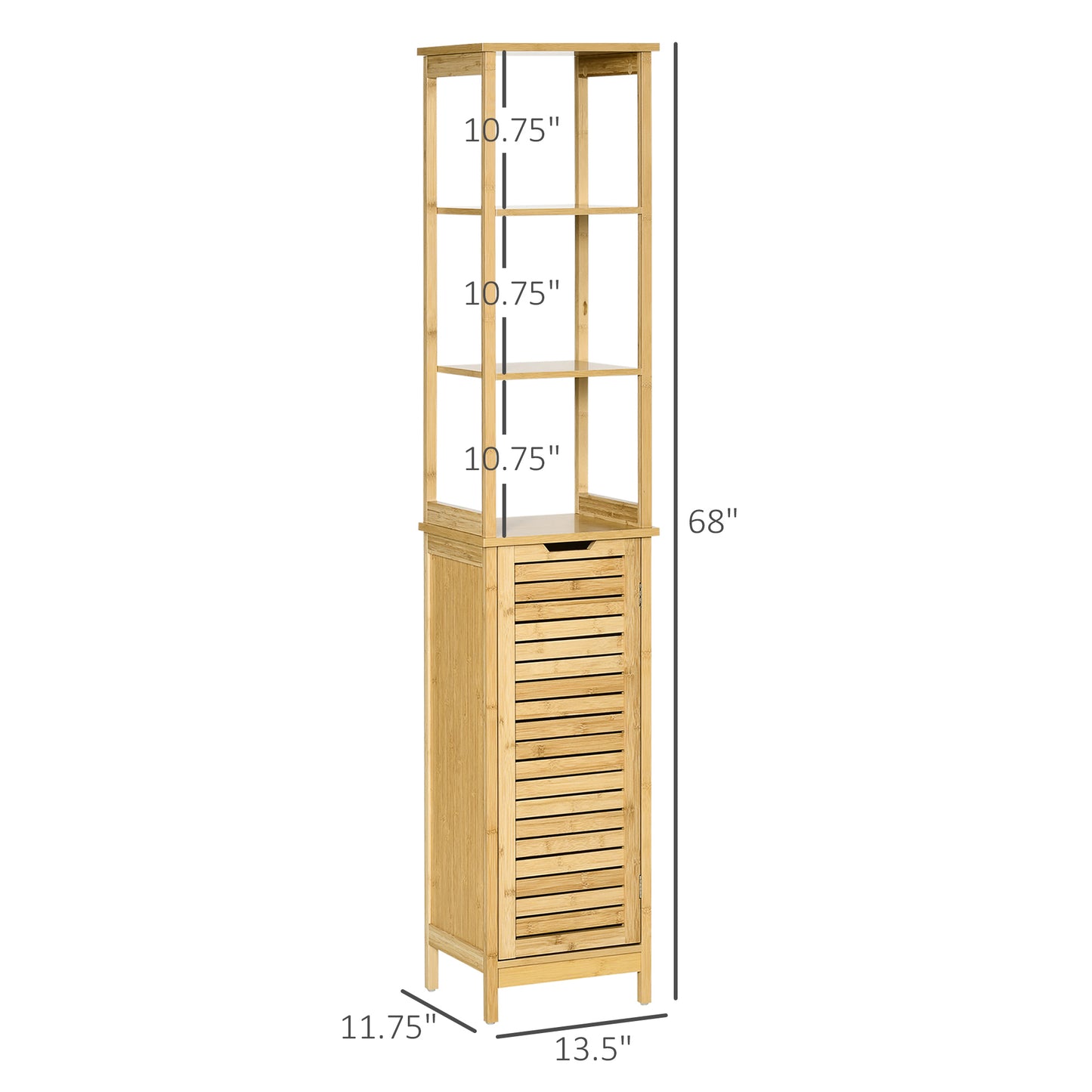 kleankin Bathroom Floor Cabinet with 3 Shelves and Cupboard, Slim and Freestanding Organiser, Tallboy with Storage, Natural
