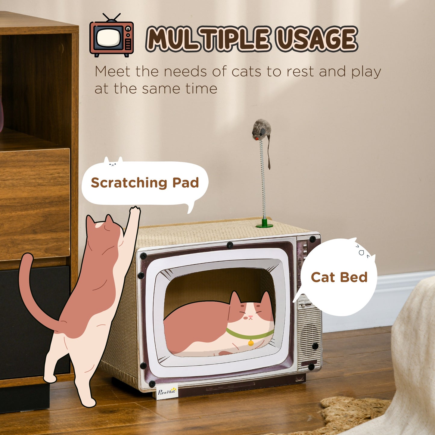 PawHut TVShaped Scratching Board with Scratcher Catnip Toy Rat Cat Scratcher for Indoor Cats 43 x 23 x 32.5cm