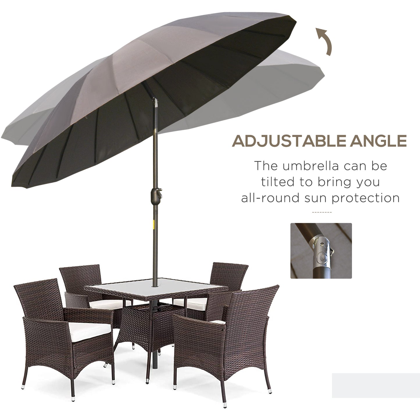 Outsunny 2.6m Shanghai Garden Parasol Umbrella with Crank & Tilt, Adjustable Outdoor Sun Shade, Grey