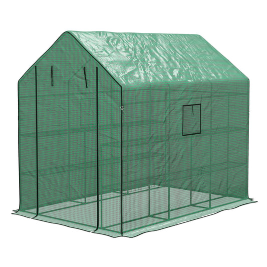 Outsunny Walkin Greenhouse with 3 Tier Shelves Outdoor Green House Garden Grow House with Reinforced PE Cover Rollup Door and Mesh Windows 140 x 213 x 190cm Green
